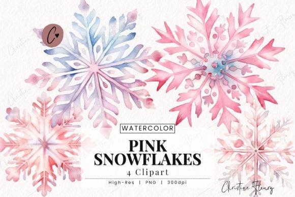 Download Watercolor Pink Snowflakes Clipart - Snow Collection
