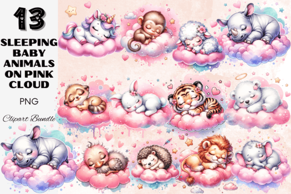 Download Sleeping Baby Animals on Pink Clouds Set - Baby animals Collection